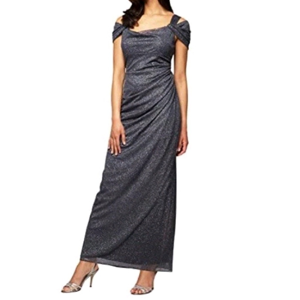 Formal Cocktail Alex Evenings Petite 6P Smoke grey Glitter Chiffon Gown Dress
